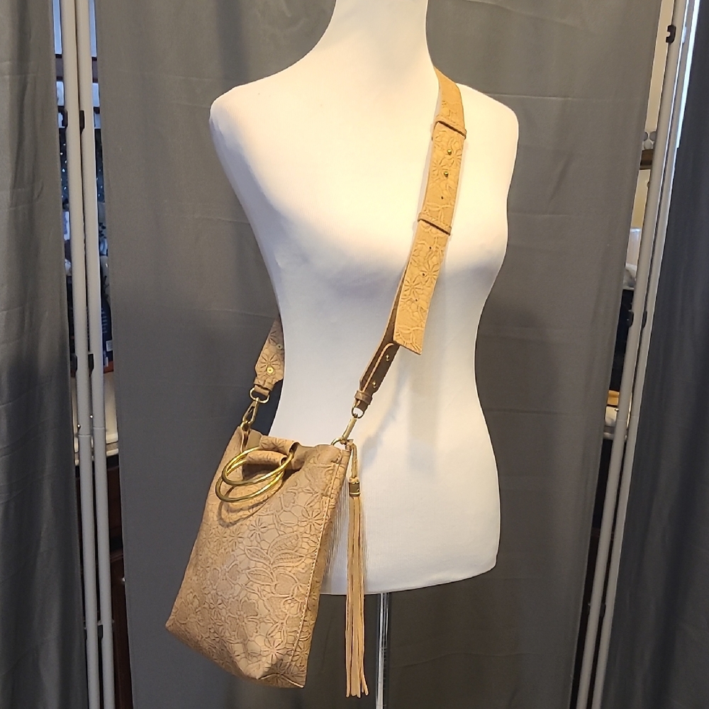 Anthro Elegant Floral Tan Crossbody Bag